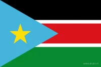 De Zuid-Sudanese vlag heeft zwarte, rode en groene horizontale banen, gescheiden door twee smalle witte banen. In de lichtblauwe driehoek aan de hijszijde staat een gele vijfpuntige ster.