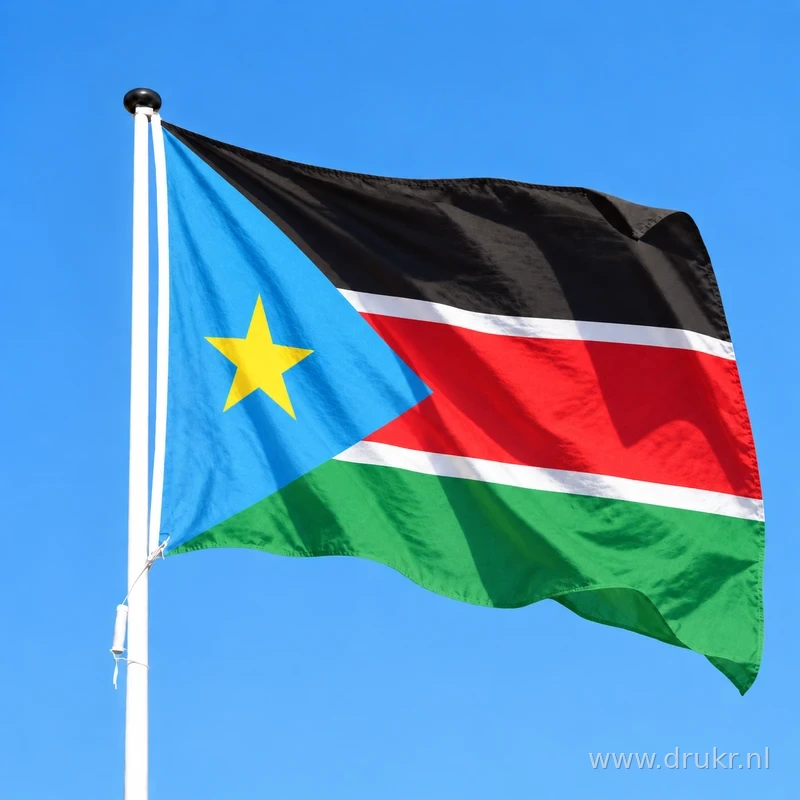 Zuid-Sudanese vlag wapperend aan een verticale witte mast