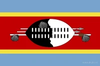 De vlag van Eswatini heeft blauwe banen boven en onder, smalle gele banen en een brede rode middenbaan. In het midden staan een zwart-wit schild, speren en een staf met decoratieve pluimen.