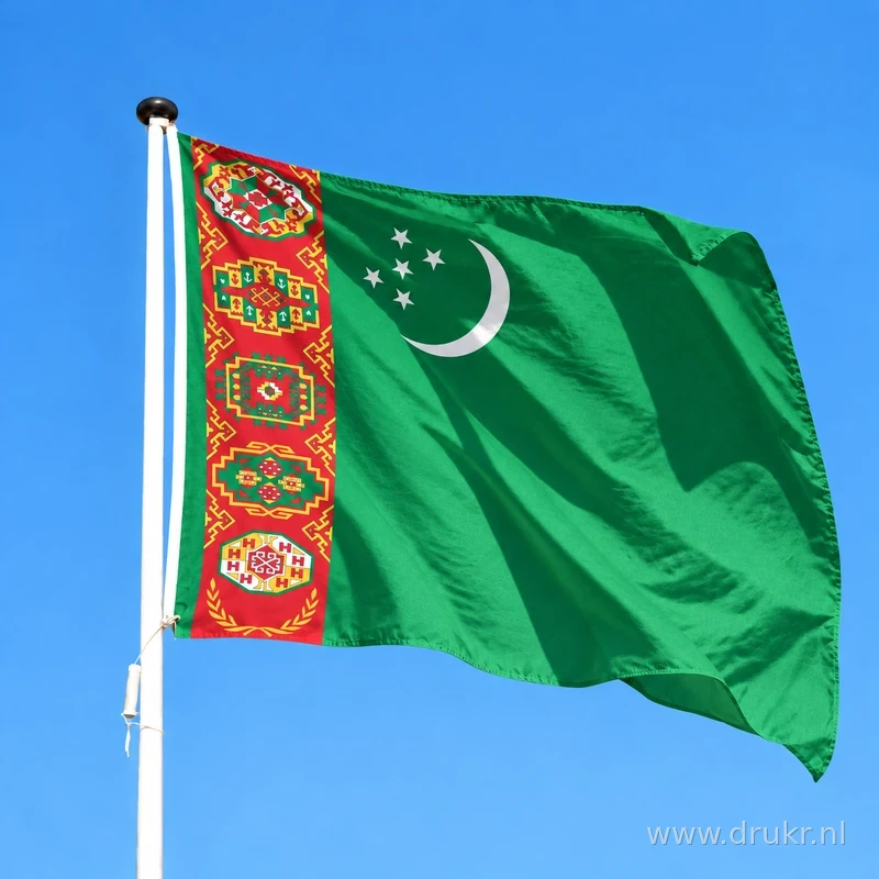 Turkmeense vlag wapperend aan een verticale witte mast