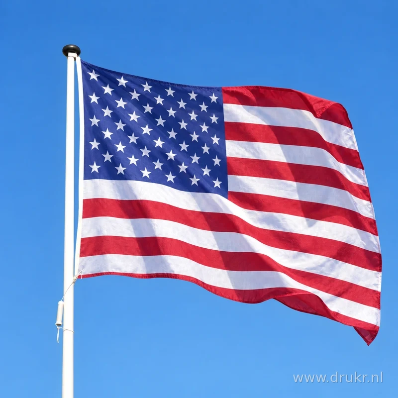 Amerikaanse vlag wapperend aan een verticale witte mast
