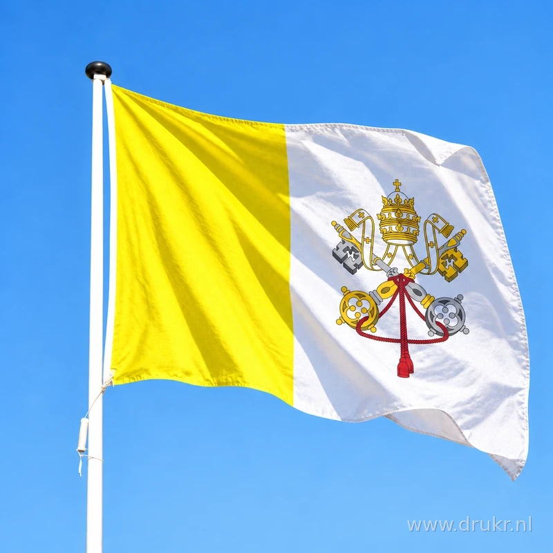 Vaticaanse vlag wapperend aan een verticale witte mast