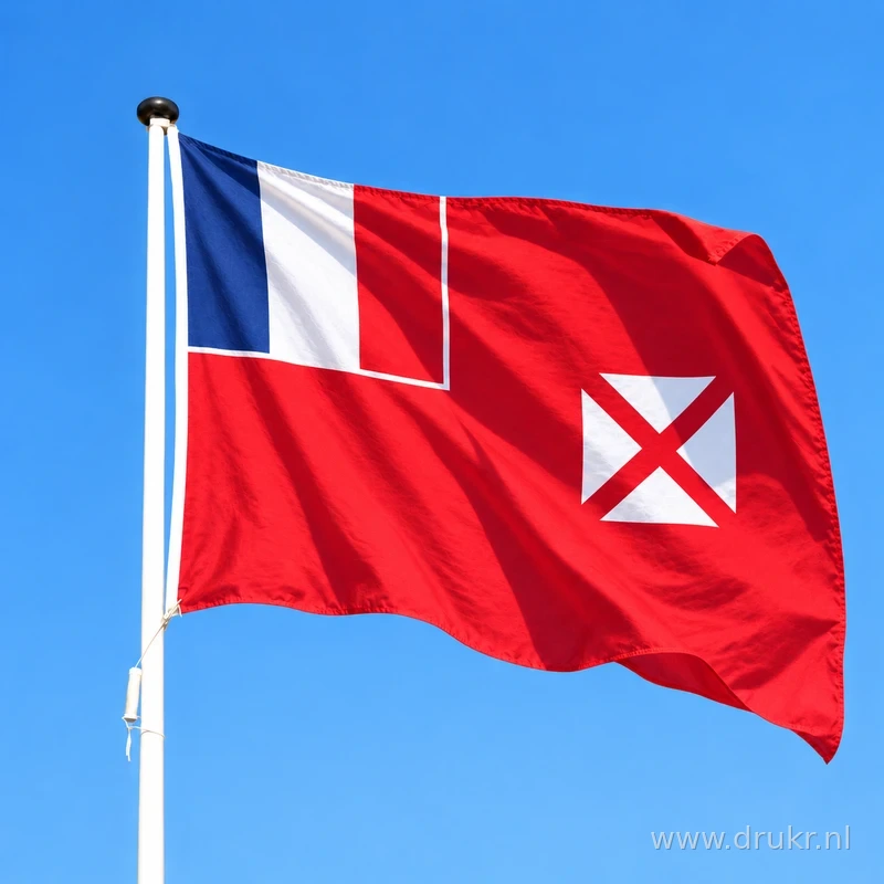 Vlag van Wallis en Futuna wapperend aan een verticale witte mast
