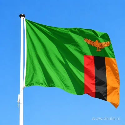 Zambiaanse vlag wapperend aan een verticale witte mast