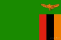De Zambiaanse vlag heeft een groen veld. Onderaan aan de vrije zijde staan drie verticale banen in rood, zwart en oranje, met een oranje adelaar erboven.