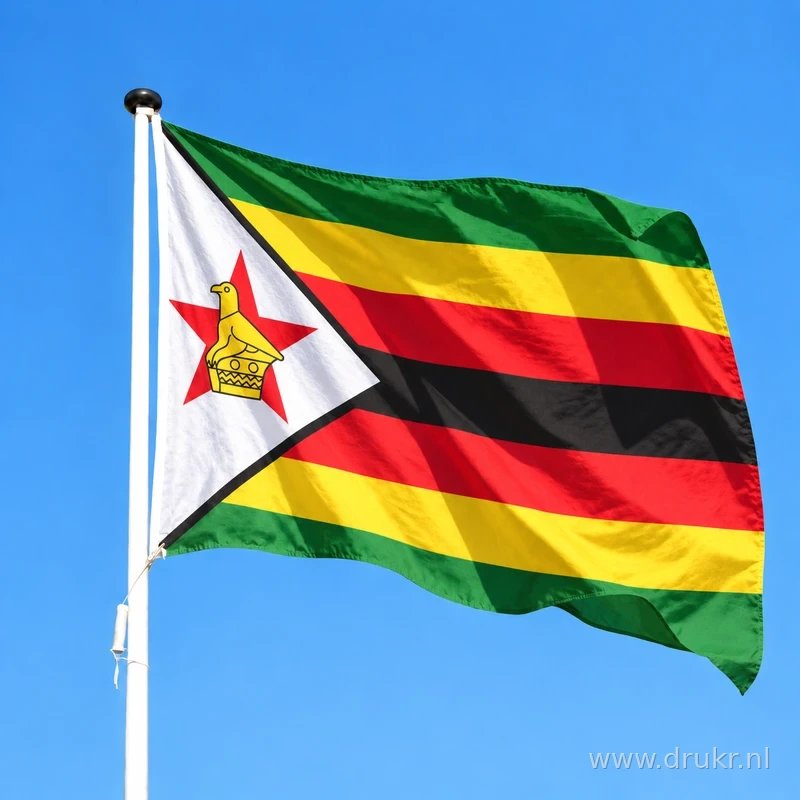 Zimbabwaanse vlag wapperend aan een verticale witte mast