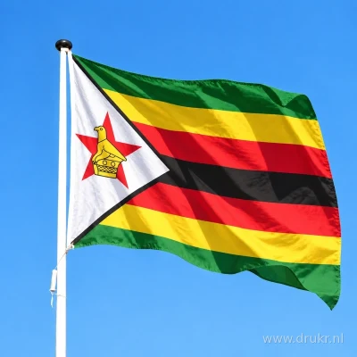 Zimbabwaanse vlag wapperend aan een verticale witte mast