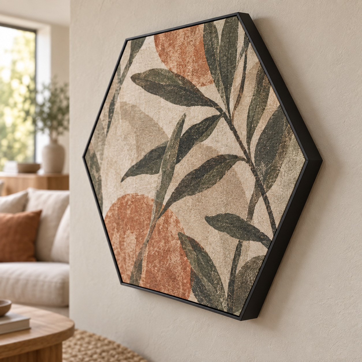 Detail van een zwart aluminium hexagonframe met botanische textielprint aan een woonkamerwand