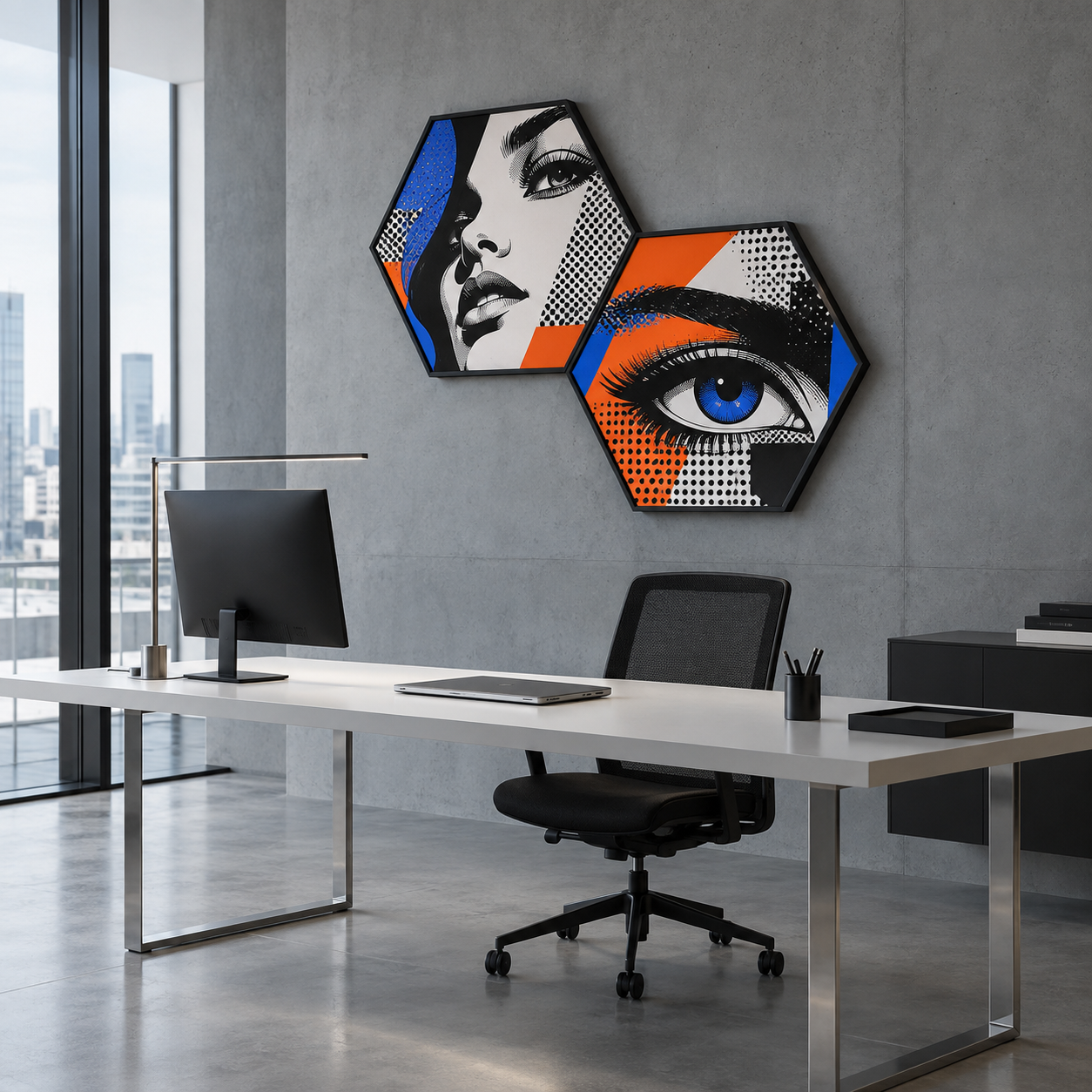 Strak modern kantoor met twee aansluitende akoestische hexagons met kleurrijke popart