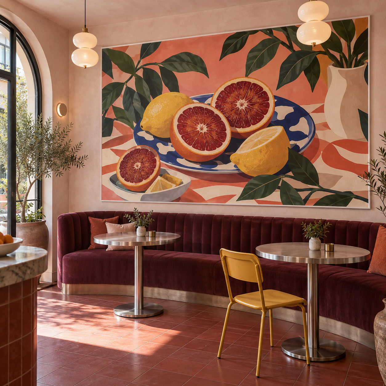 Grote textielwand met citrusillustratie in een café met terracotta vloer