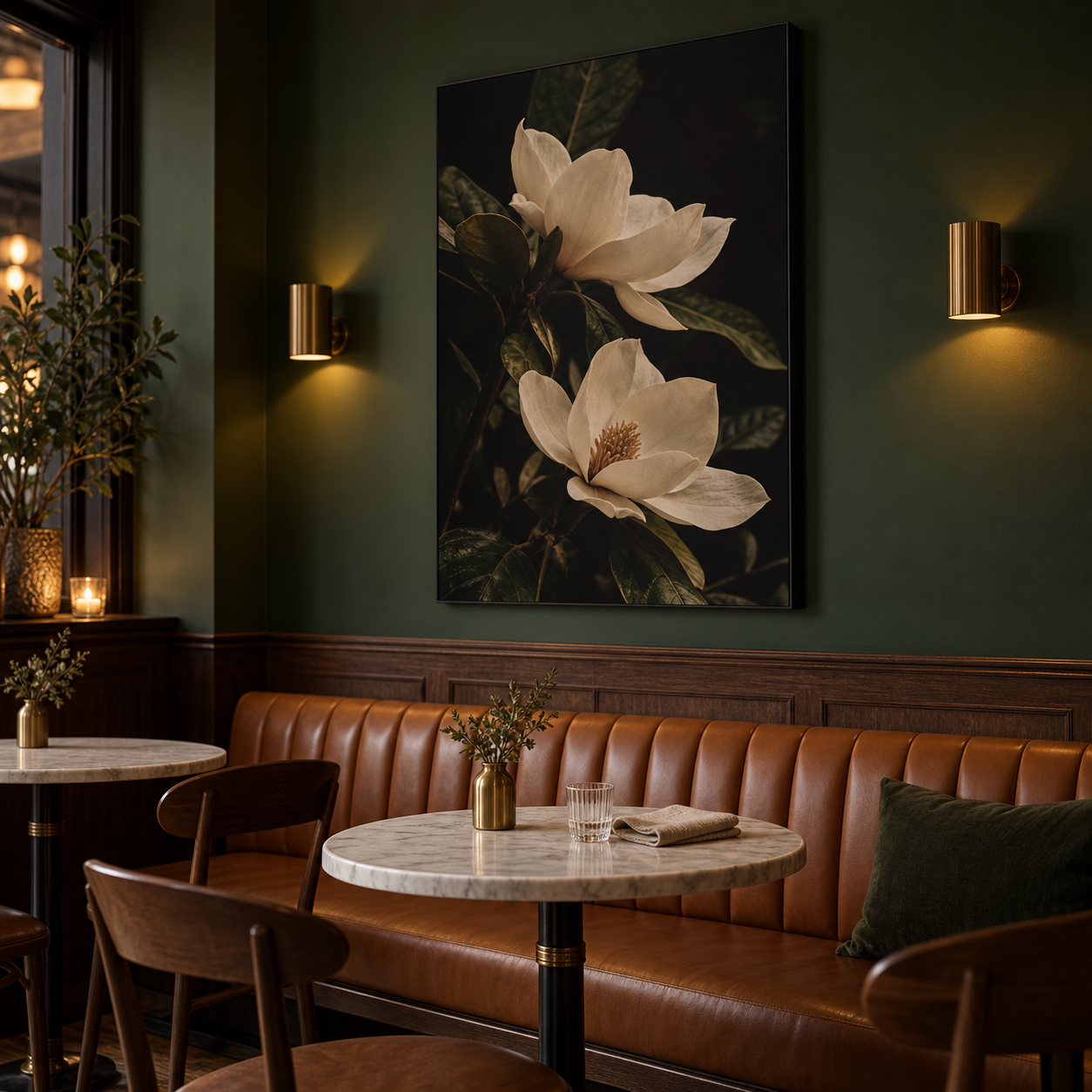 Staand AcousticPro paneel met magnoliafoto in een groen restaurant