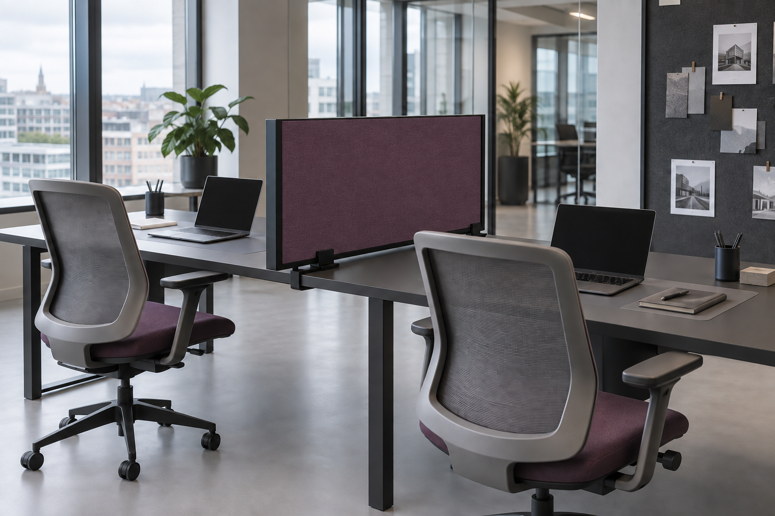 Sfeerimpressie: effen aubergine bureauscherm met zwart frame, passend bij donkere bureaus en aubergine stoelbekleding