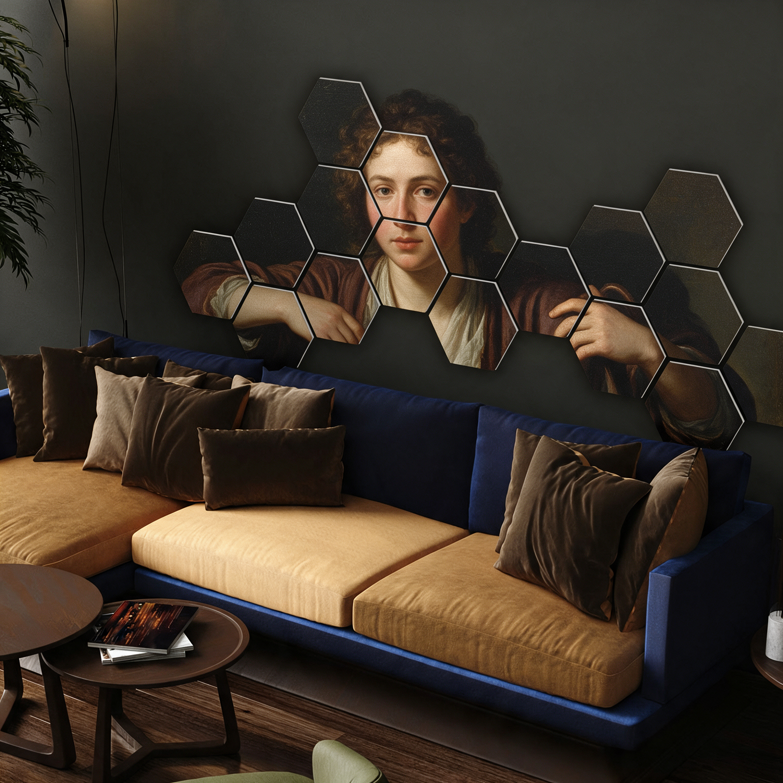 Een portret verdeeld over meerdere hexagons op een donkere muur boven een bank