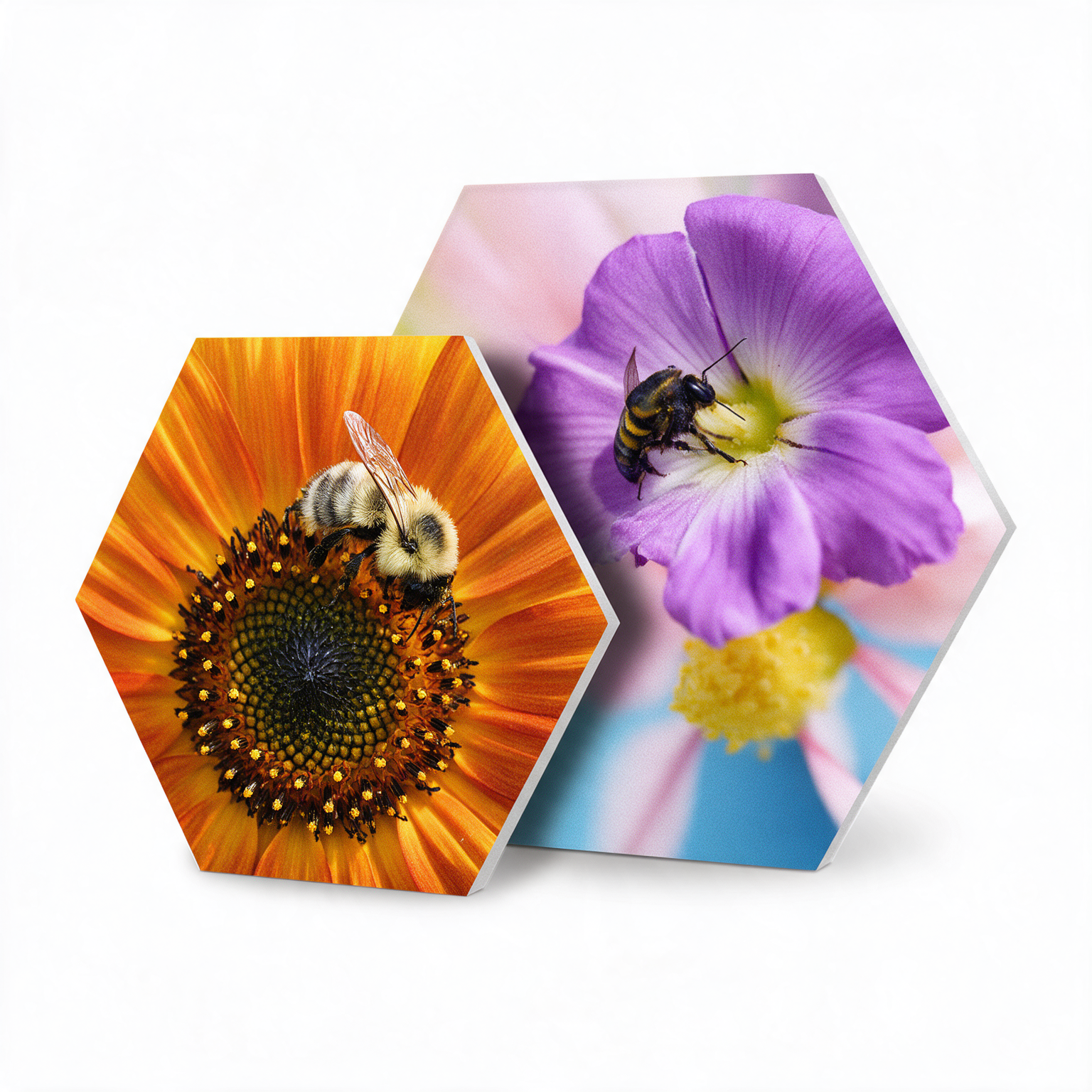 Twee hexagon fotopanelen met close-ups van bijen op oranje en paarse bloemen
