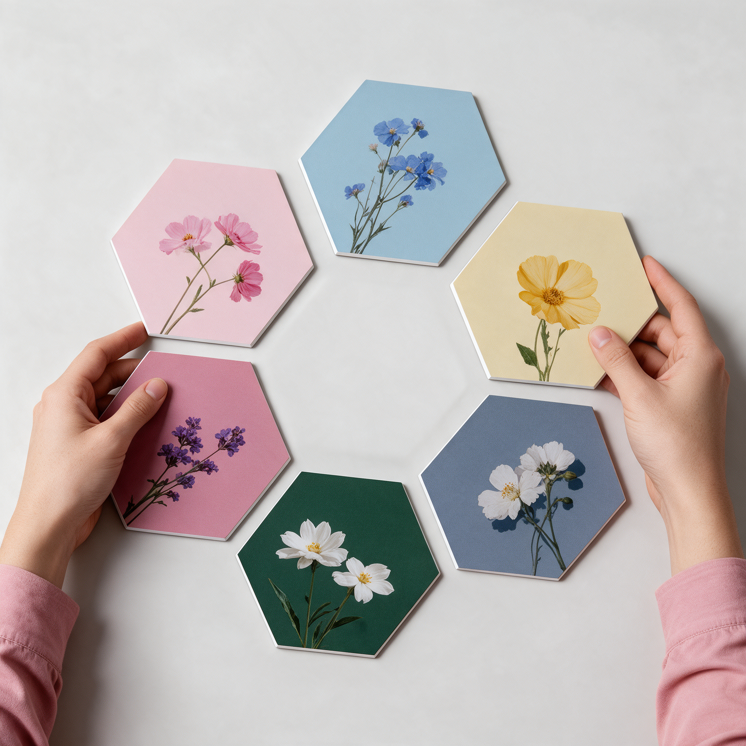 Handen houden hexagon panelen met bloemen rond een open plek op de muur