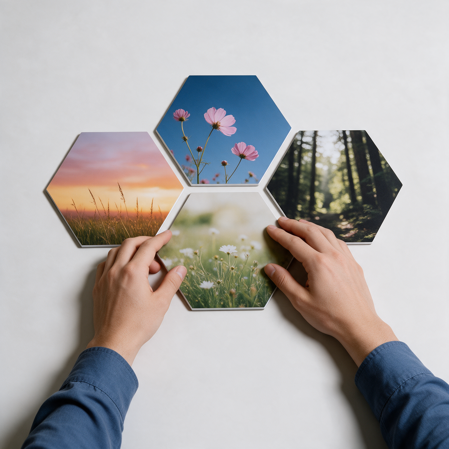 Handen plaatsen een hexagon met een bloemenweide onder drie panelen met natuurfoto’s