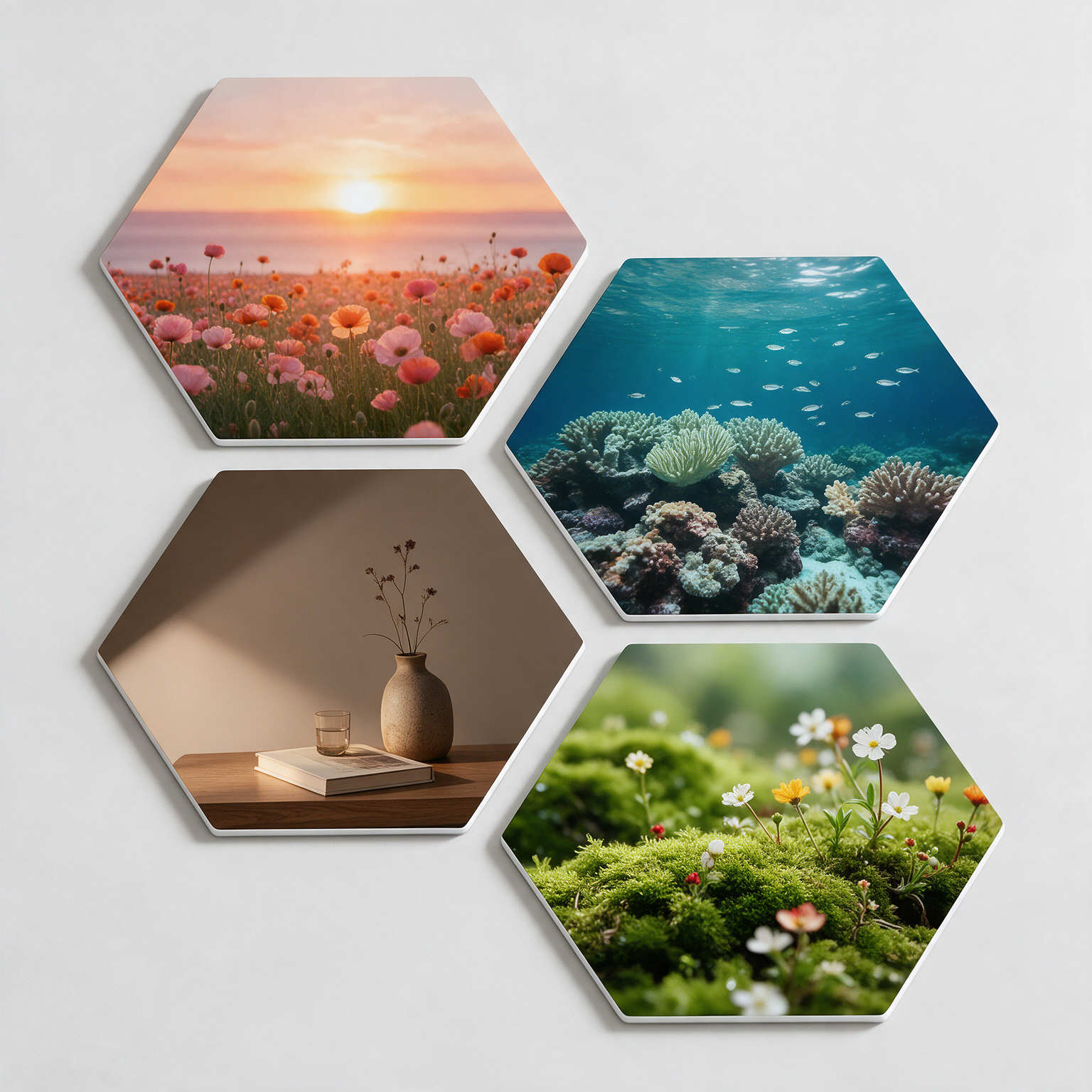 Vier hexagon panelen met foto’s van bloemen, koraal en een vaas op een lichte muur