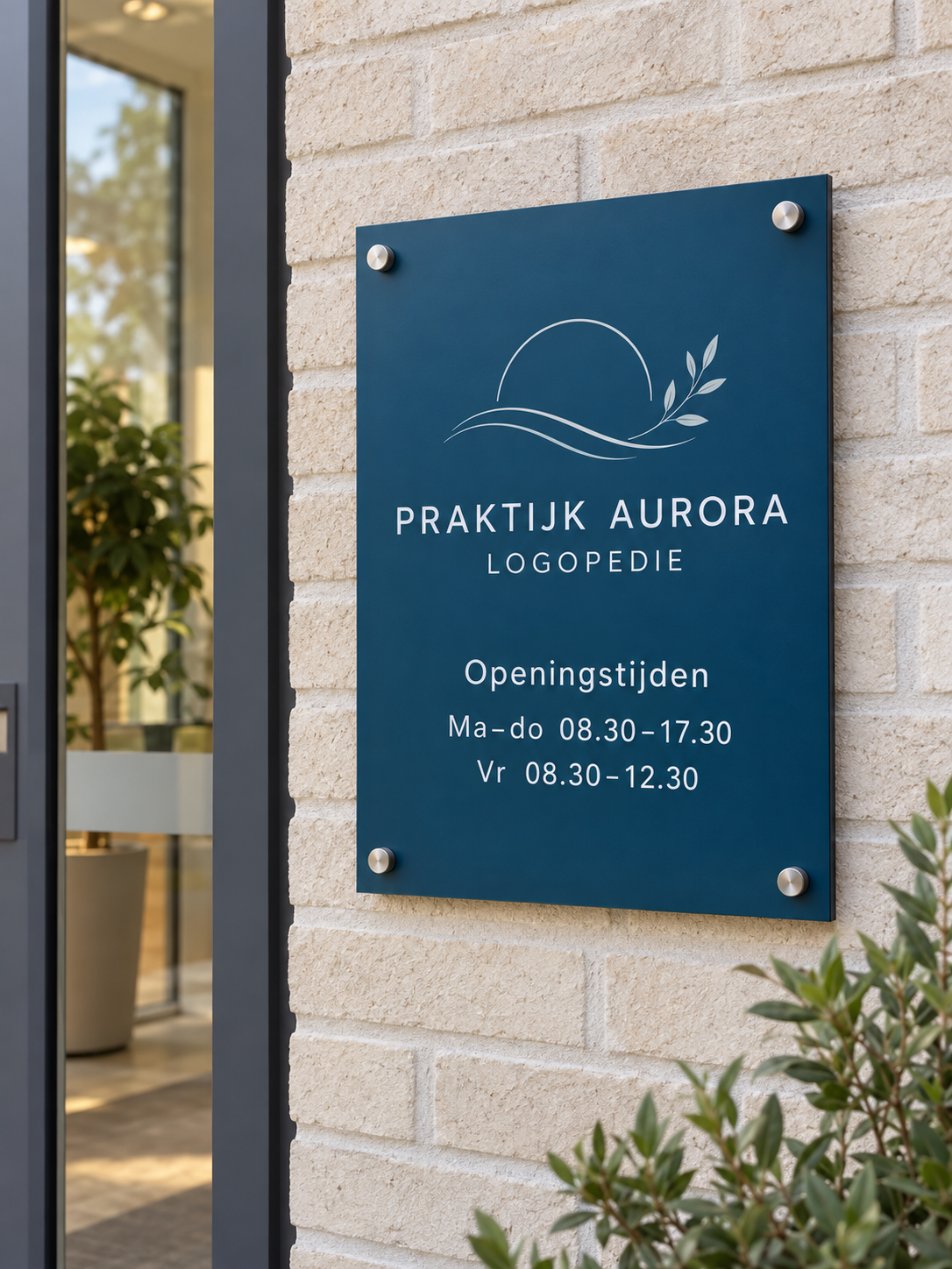 Fictief praktijkgevelbord met praktijknaam en openingstijden bij een praktijkentree