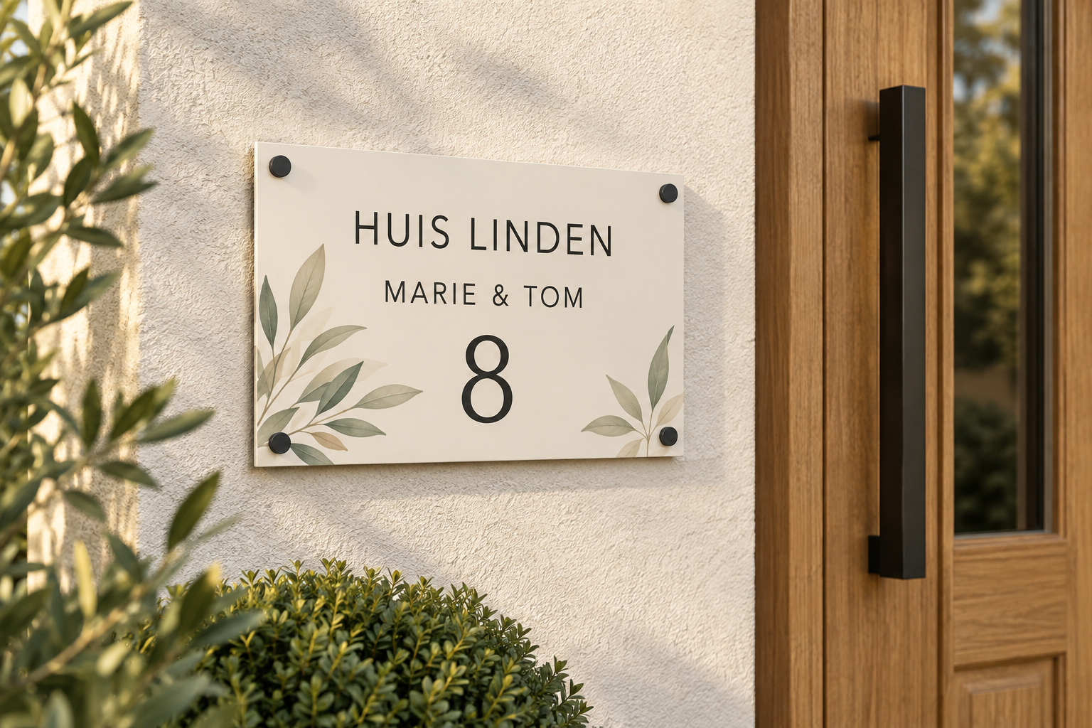 Fictief licht gevelbord met huisnaam, namen en huisnummer bij een houten voordeur