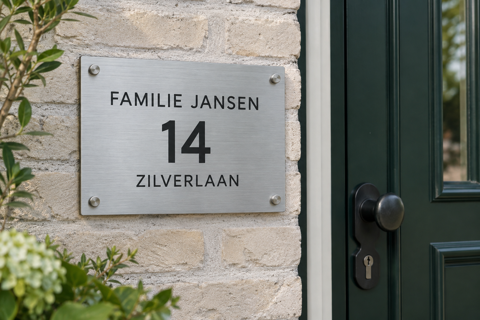 Fictieve sfeerimpressie van een Dibond-naambord met geborstelde aluminium toplaag, familienaam, huisnummer en straatnaam bij een groene voordeur