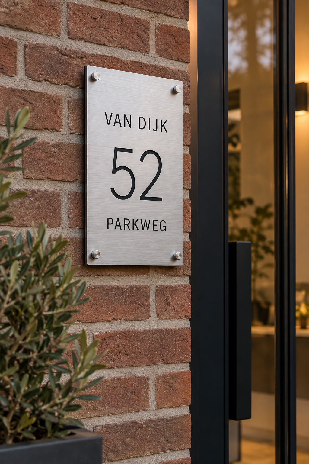 Fictieve sfeerimpressie van een staand Dibond-naambord met geborstelde aluminium toplaag, familienaam, huisnummer en straatnaam bij een moderne voordeur