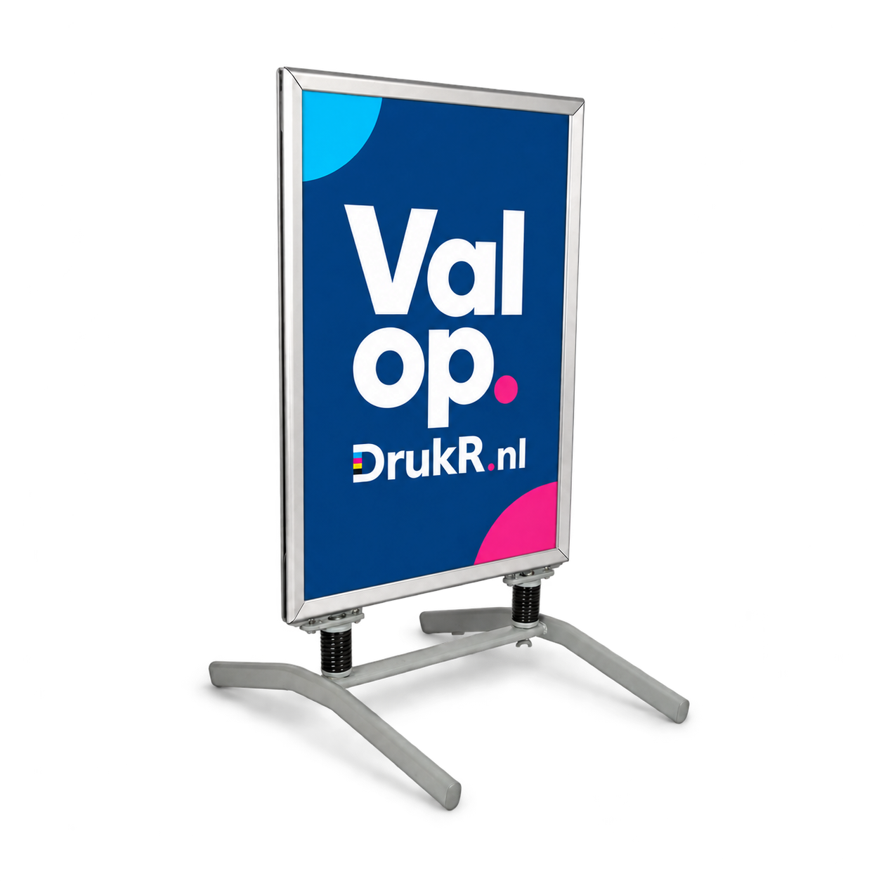 Stoepbord met swingvoet en blauwe Drukr-print Val op