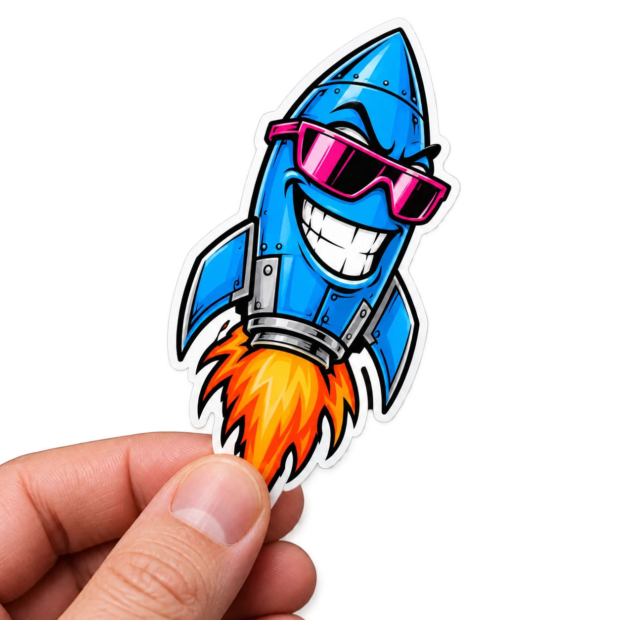 Blauwe raketsticker in een hand