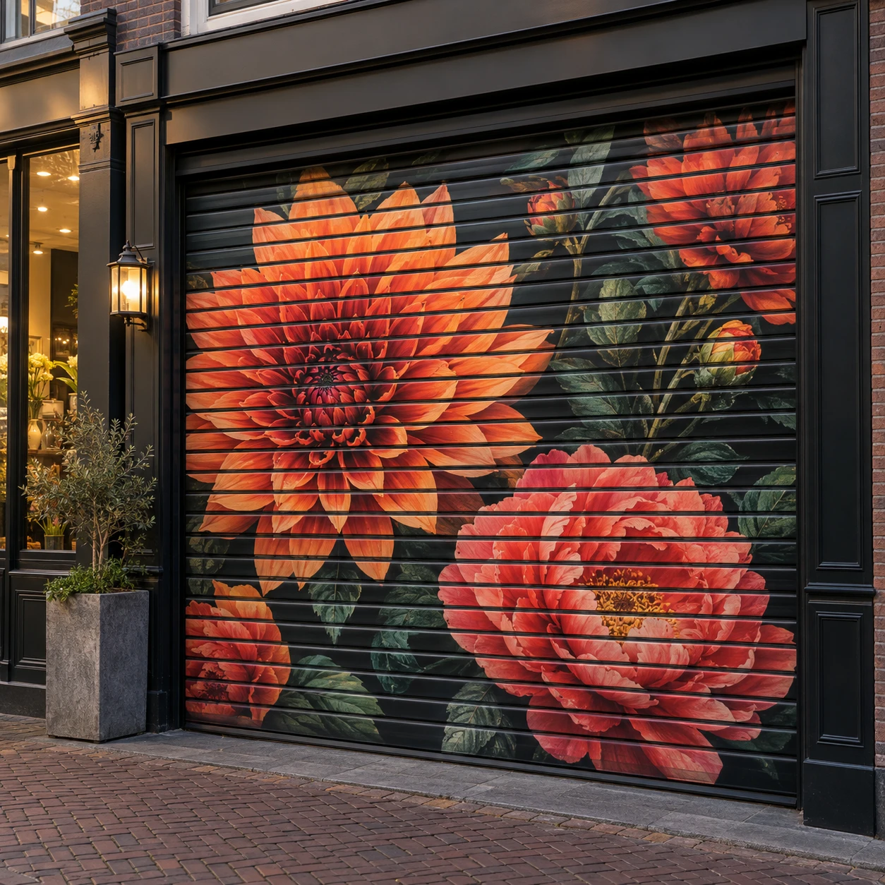 Rolluik van een winkel met een grote bloemenprint