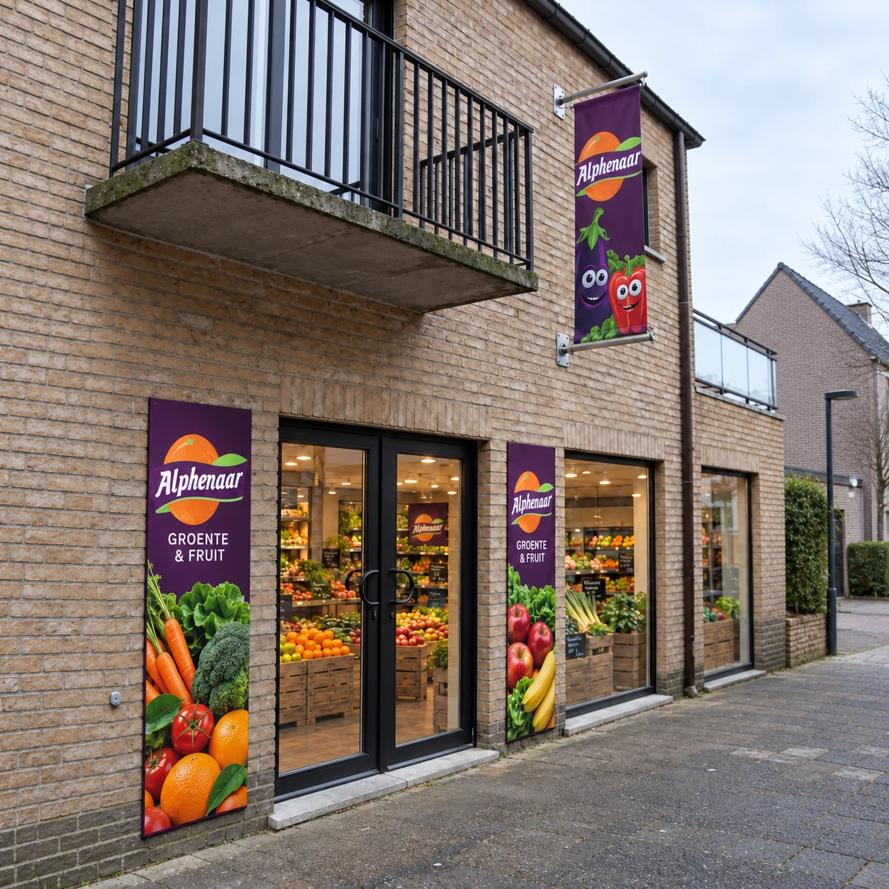 Gevelbanier in Alphenaar-huisstijl bij een groenteboer
