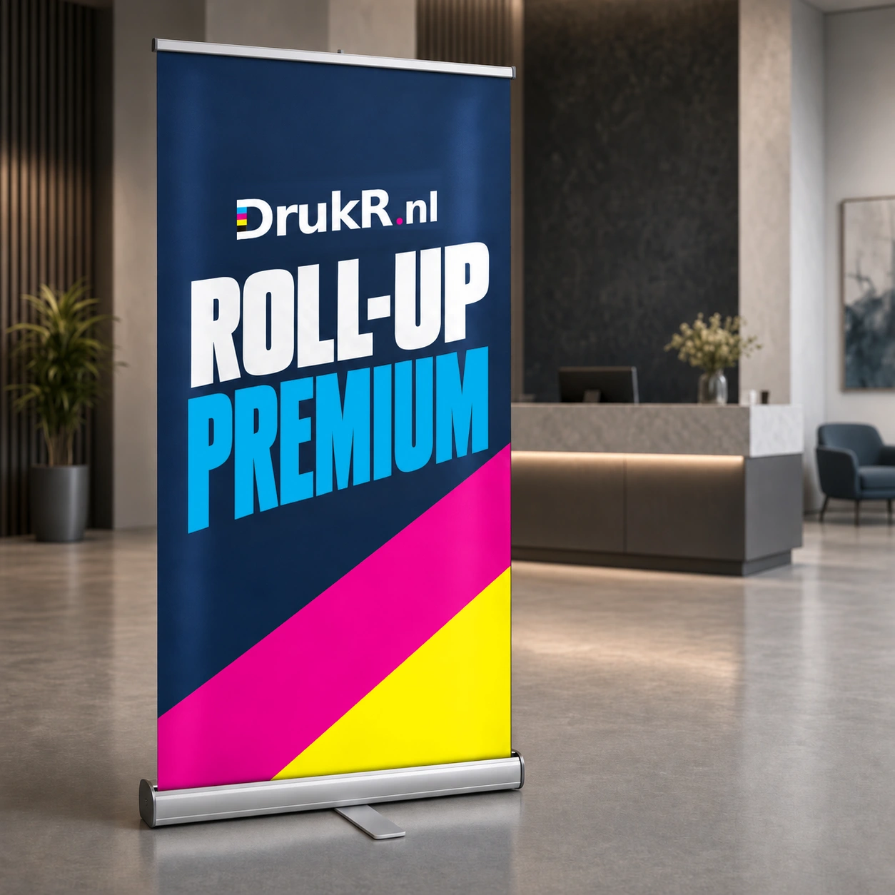 Premium roll-up banner in een ontvangsthal