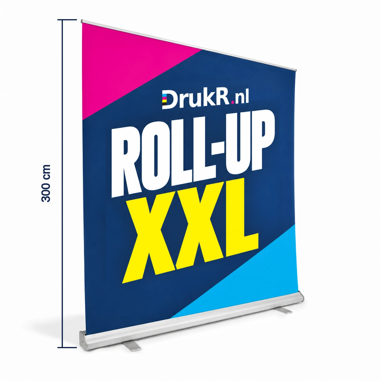XXL roll-up banner met brede cassette en twee steunvoeten