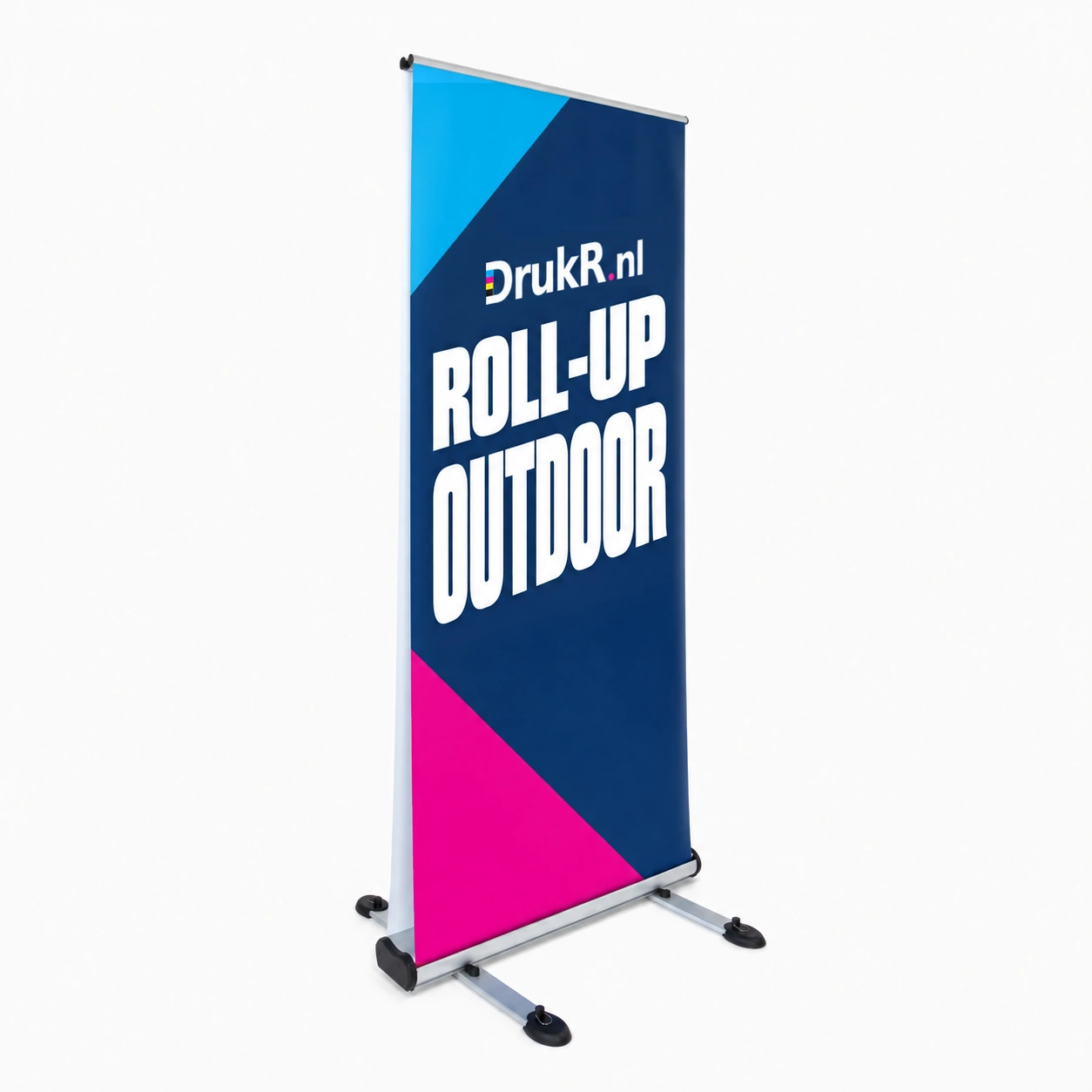 Outdoor roll-up banner met cassette en lange steunvoeten