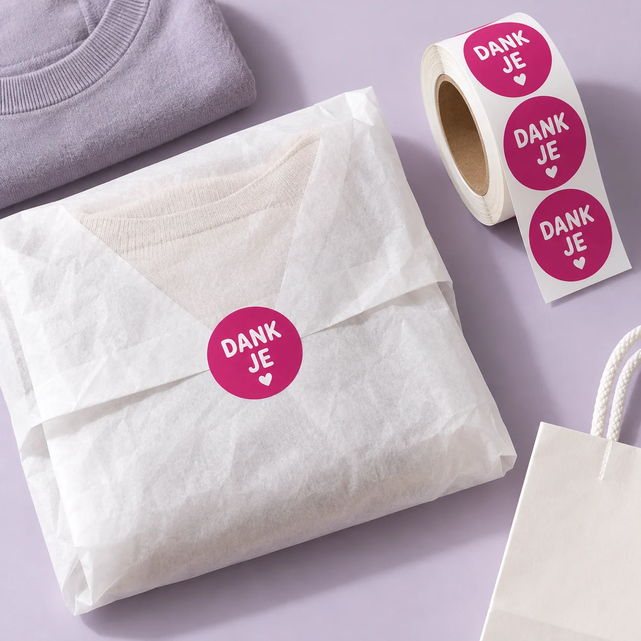 Magenta Dank je-sticker op wit vloeipapier met een bijpassende stickerrol