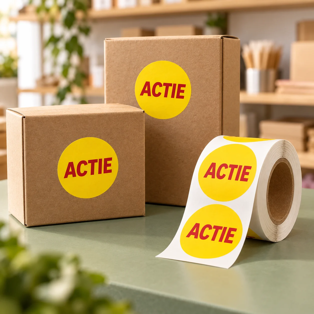 Gele stickers met rode tekst Actie op kartonnen doosjes en een bijpassende rol