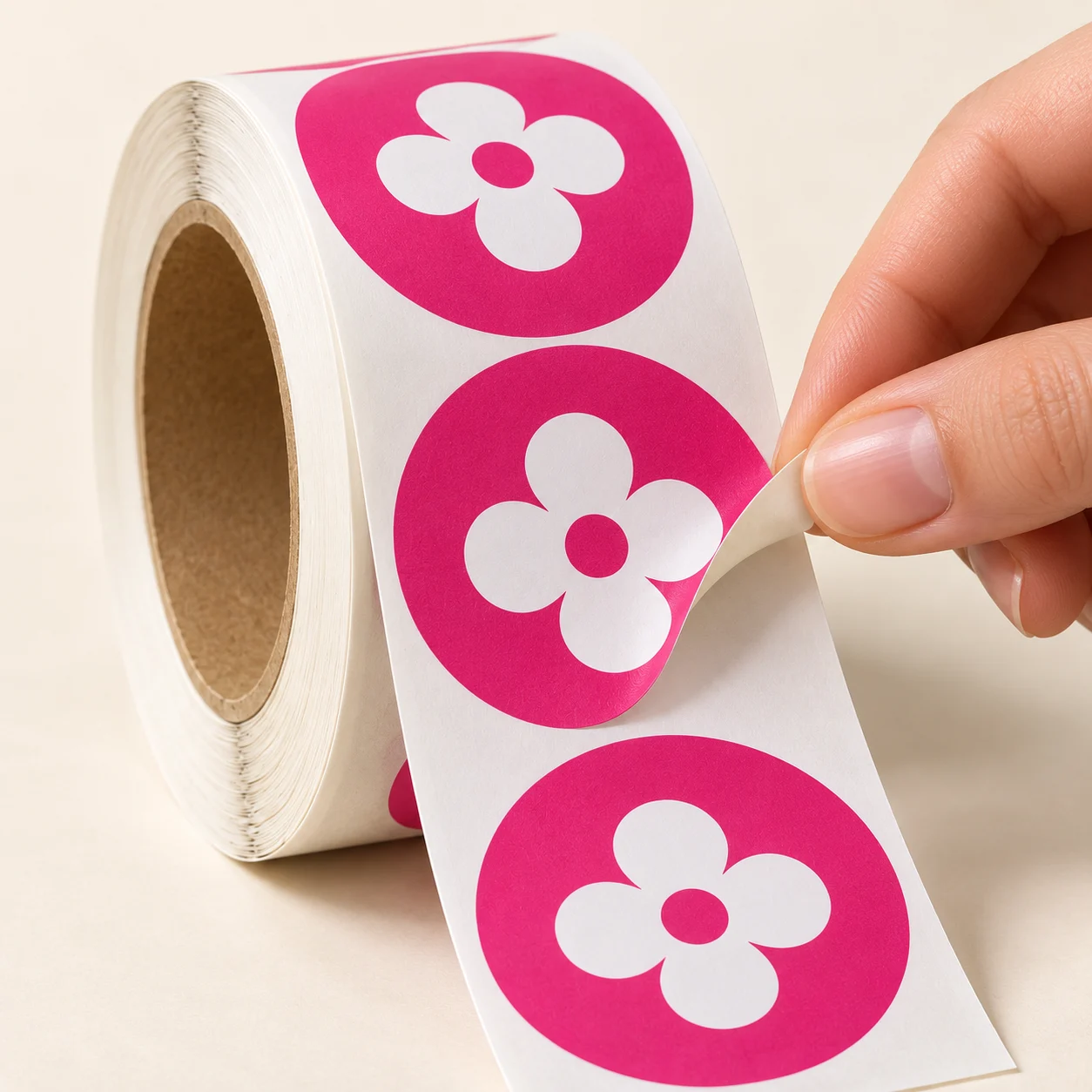 Hand die een ronde magenta sticker met witte bloem van de rugstrook loshaalt