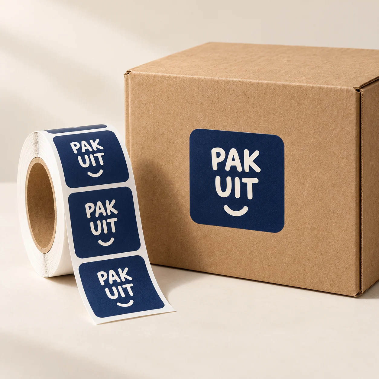 Donkerblauwe Pak uit-sticker op een verzenddoos met een bijpassende rol