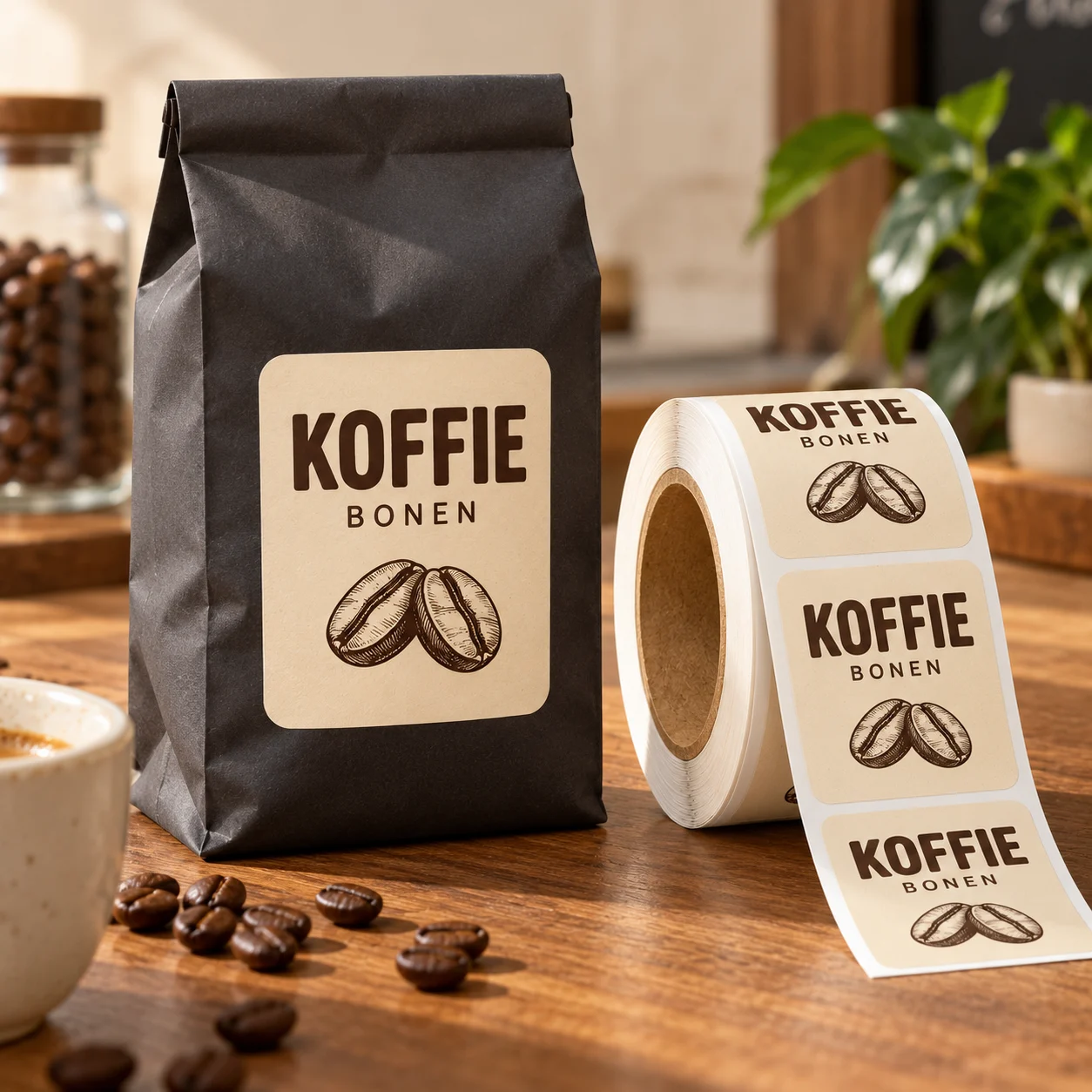 Zwarte koffiezak met een crème etiket met koffiebonen en een bijpassende stickerrol