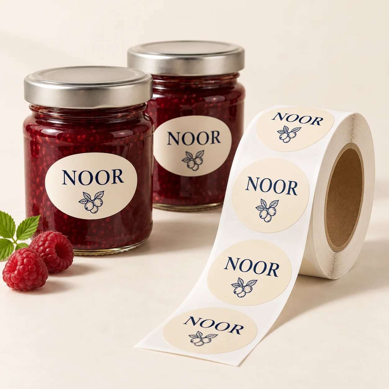 Glazen potjes met rode jam en ovale Noor-etiketten naast een stickerrol