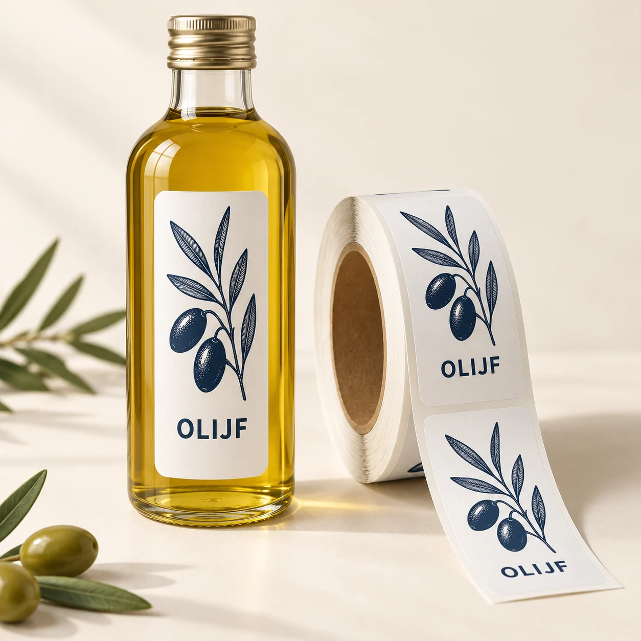 Fles met olijfolie en een wit etiket met olijftak naast een bijpassende rol