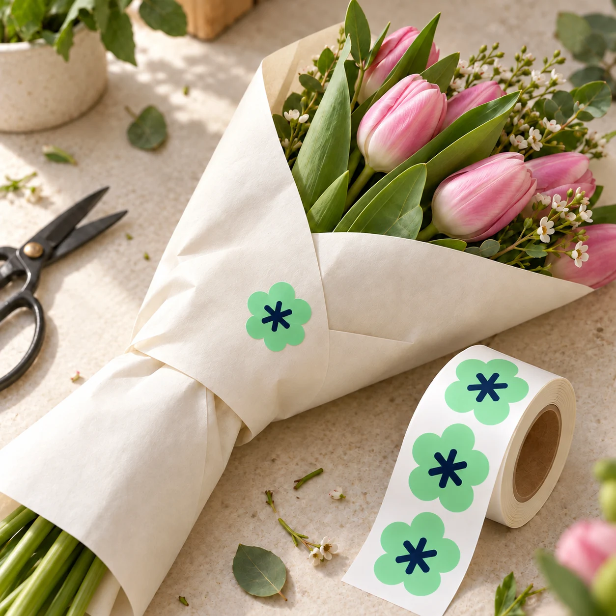 Bos roze tulpen in papier met een mintgroene bloemsticker en een bijpassende rol
